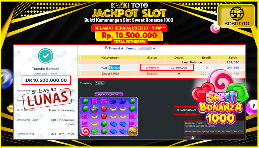 KOKITOTO JACKPOT SLOT Sweet Bonanza 1000  Rp. 10.500.000 ,- LUNAS