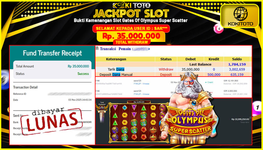 KOKITOTO JACKPOT SLOT Gates Of Olympus Super Scatter  Rp. 35.000.000 ,- LUNAS