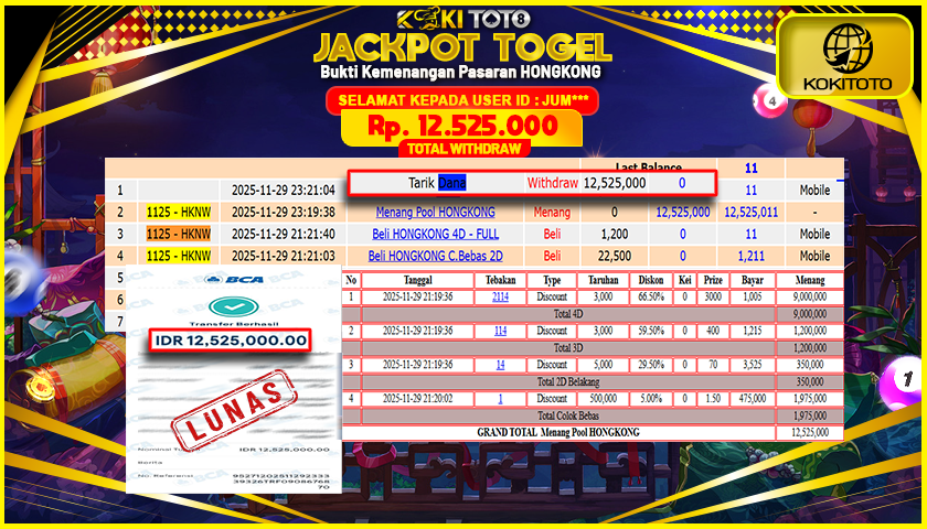 KOKITOTO JACKPOT TOGEL PASARAN HONGONG LOTTO  Rp. 12.525.000 ,- LUNAS