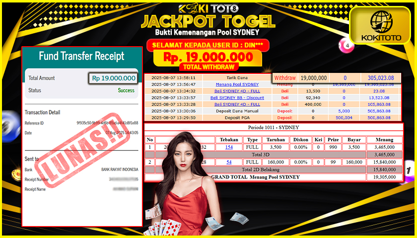 KOKITOTO JACKPOT Pool SYDNEY  Rp. 19.000.000 ,- LUNAS