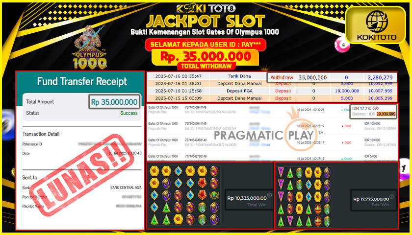KOKITOTO JACKPOT SLOT Gates Of Olympus 1000  Rp. 35.000.000 ,- LUNAS