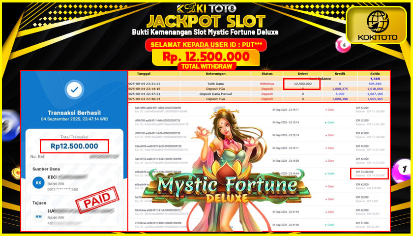 KOKITOTO JACKPOT SLOT Mystic Fortune Del  Rp. 12.500.000 ,- LUNAS