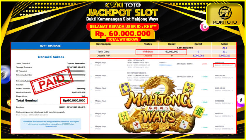 KOKITOTO JACKPOT SLOT  Mahjong Ways  Rp. 60.000.000,- LUNAS