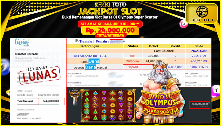 KOKITOTO JACKPOT SLOT Gates Of Olympus Super Scatter  Rp. 24.000.000 ,- LUNAS