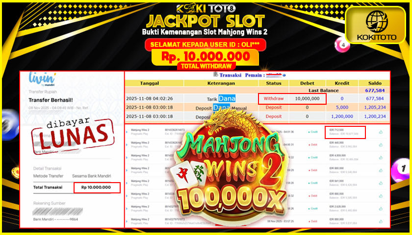 KOKITOTO JACKPOT SLOT Mahjong Wins 2  Rp. 10.000.000 ,- LUNAS