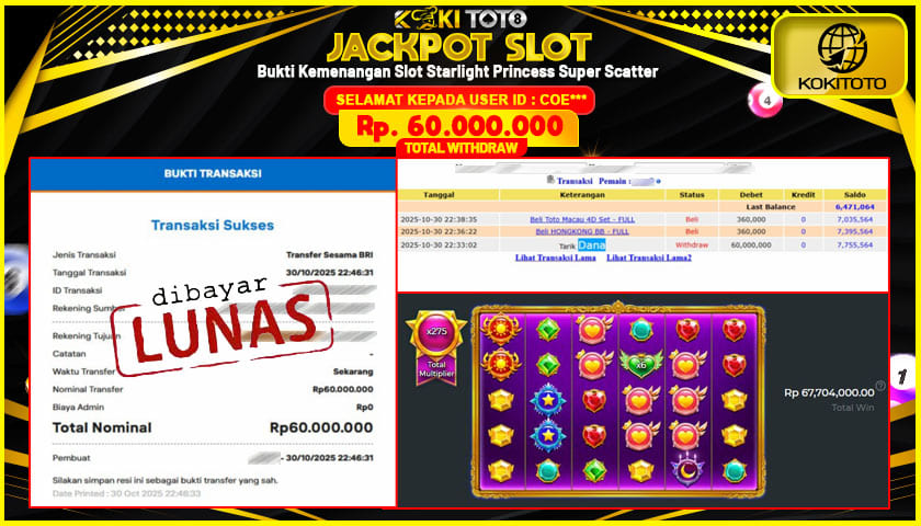 KOKITOTO JACKPOT SLOT Starlight Princess Super Scatter  Rp. 60.000.000 ,- LUNAS