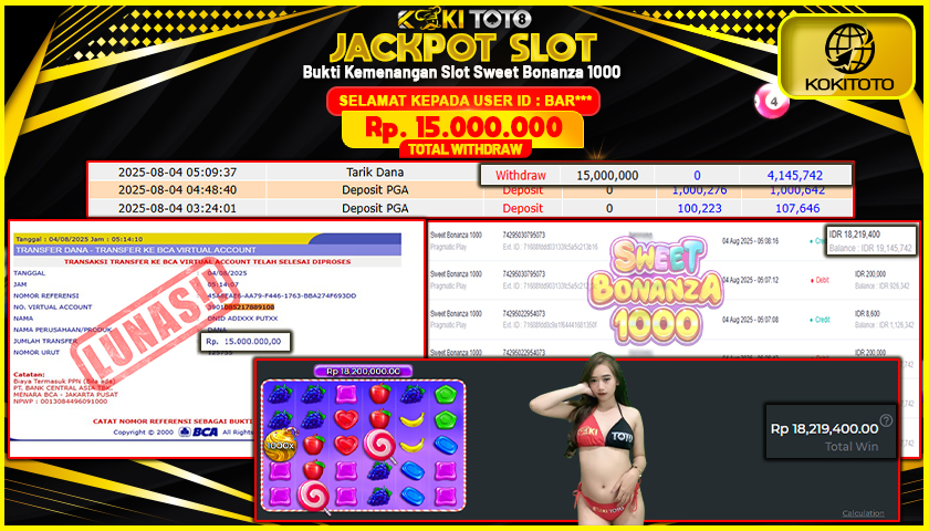 KOKITOTO JACKPOT SLOT Sweet Bonanza 1000  Rp. 15.000.000 ,- LUNAS