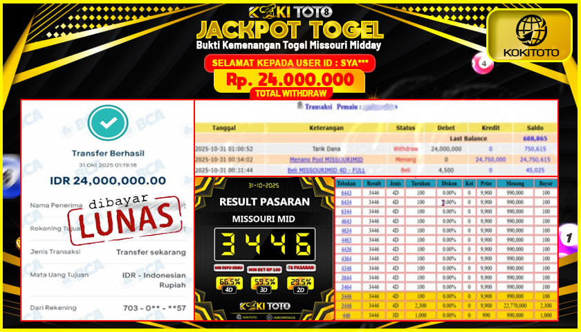 KOKITOTO JACKPOT TOGEL Missouri Midday  Rp. 24.000.000 ,- LUNAS
