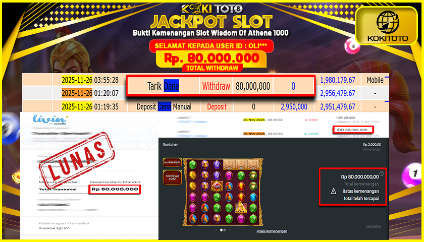 KOKITOTO JACKPOT SLOT Wisdom Of Athena 1000  Rp. 80.000.000 ,- LUNAS
