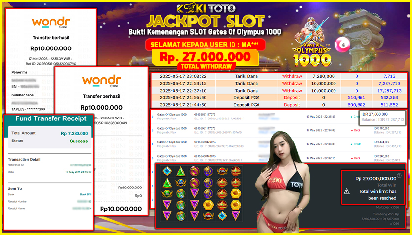 KOKITOTO JACKPOT SLOT Gates Of Olympus 1000  Rp. 27.000.000 ,- LUNAS