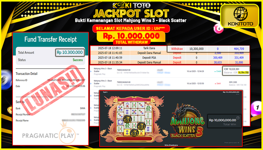 KOKITOTO JACKPOT SLOT Mahjong Wins 3 - Black Scatter  Rp. 10.000.000 ,- LUNAS