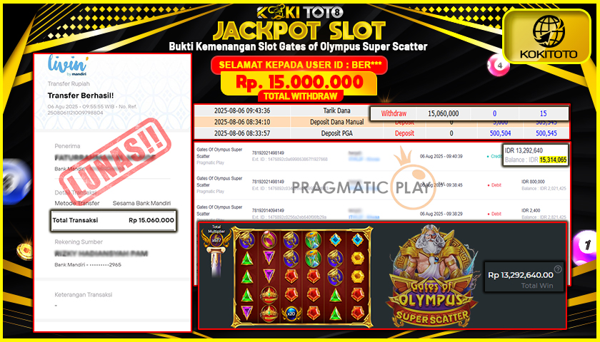 KOKITOTO JACKPOT SLOT Gates Of Olympus Super Scatter  Rp. 15.000.000 ,- LUNAS