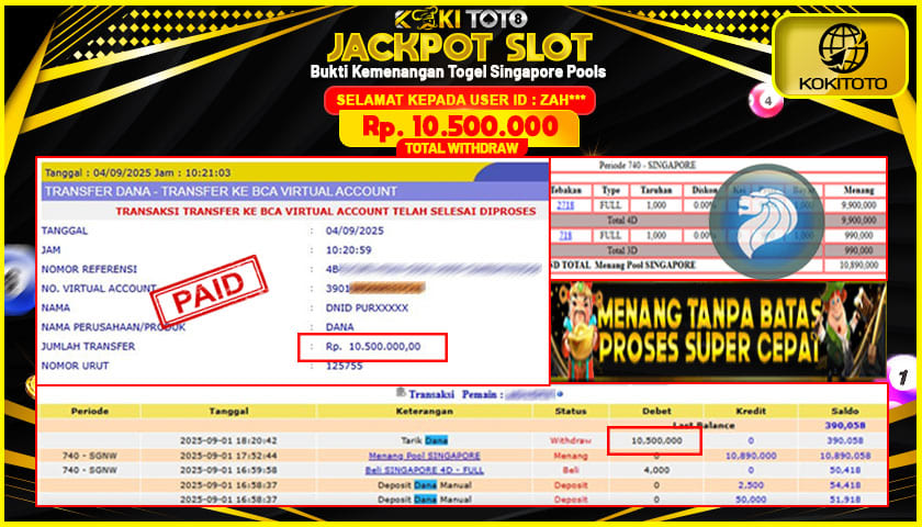 KOKITOTO JACKPOT TOGEL SINGAPORE POOLS  Rp. 10.500.000 ,- LUNAS