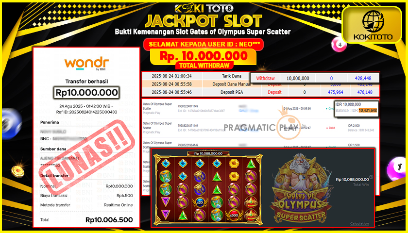 KOKITOTO JACKPOT SLOT Gates Of Olympus Super Scatter  Rp. 10.000.000 ,- LUNAS