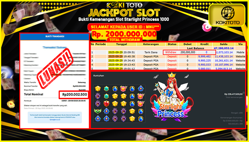 KOKITOTO JACKPOT SLOT  Starlight Princess 1000  Rp. 200.000.000,- LUNAS