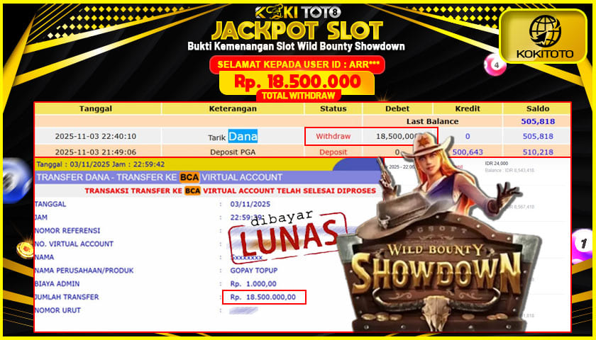 KOKITOTO JACKPOT SLOT Wild Bounty Showdown  Rp. 18.500.000 ,- LUNAS