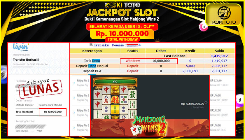 KOKITOTO JACKPOT SLOT Mahjong Wins 2  Rp. 10.000.000 ,- LUNAS