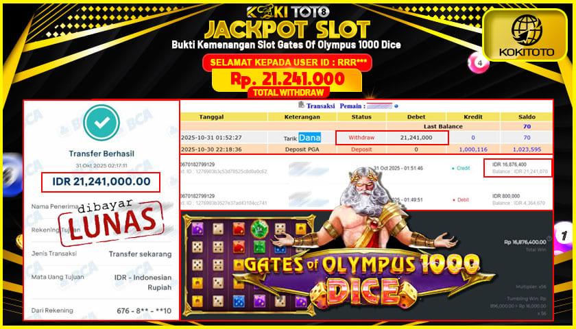KOKITOTO JACKPOT SLOT Gates Of Olympus 1000 Dice  Rp. 21.241.000 ,- LUNAS