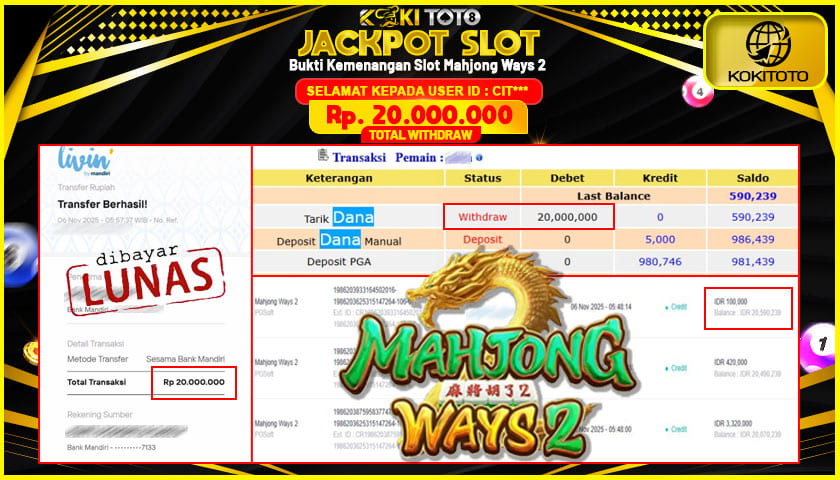 KOKITOTO JACKPOT SLOT Mahjong Ways 2  Rp. 20.000.000 ,- LUNAS
