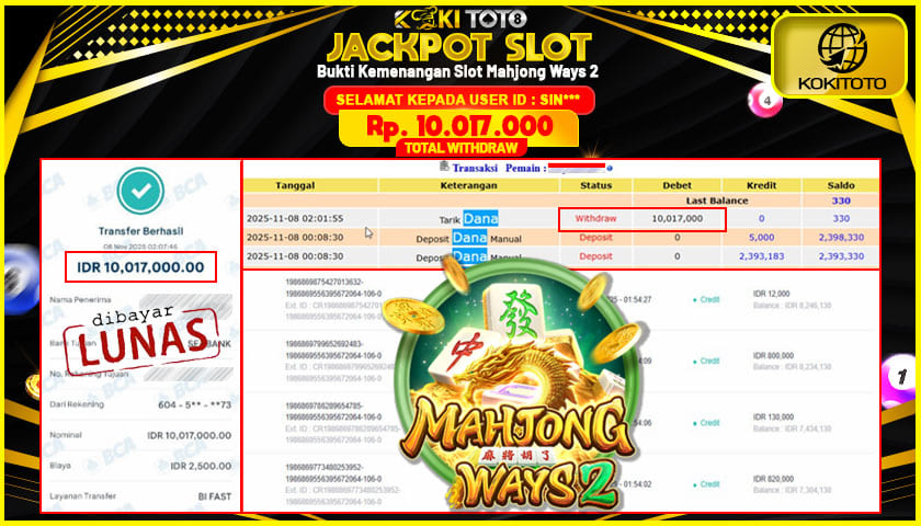KOKITOTO JACKPOT SLOT Mahjong Ways 2  Rp. 10.017.000 ,- LUNAS