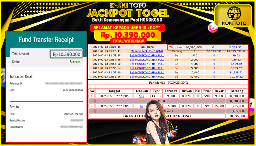 KOKITOTO JACKPOT  Pool HONGKONG Rp. 10.390.000 ,- LUNAS