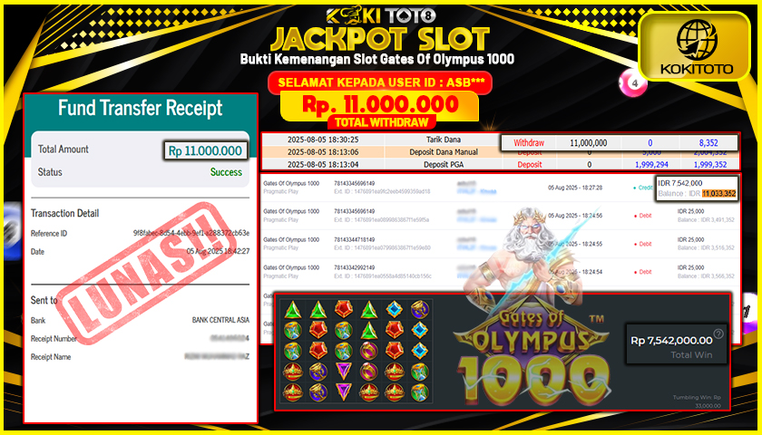 KOKITOTO JACKPOT SLOT Gates Of Olympus 1000  Rp. 11.000.000 ,- LUNAS