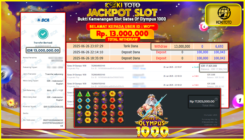 KOKITOTO JACKPOT SLOT Gates Of Olympus 1000  Rp. 13.000.000 ,- LUNAS